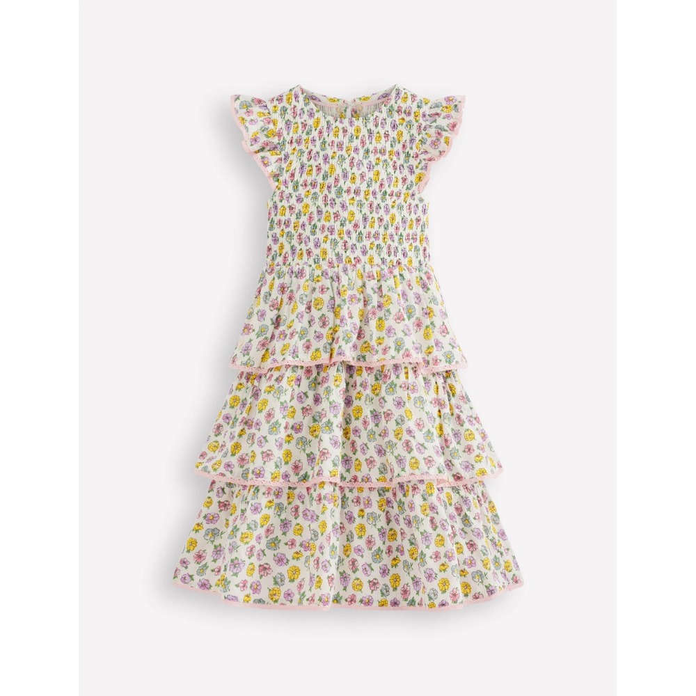 Mini Boden Girls Floral Smocked Tiered Lace Trim Dress White Pink 11-12Y NWT